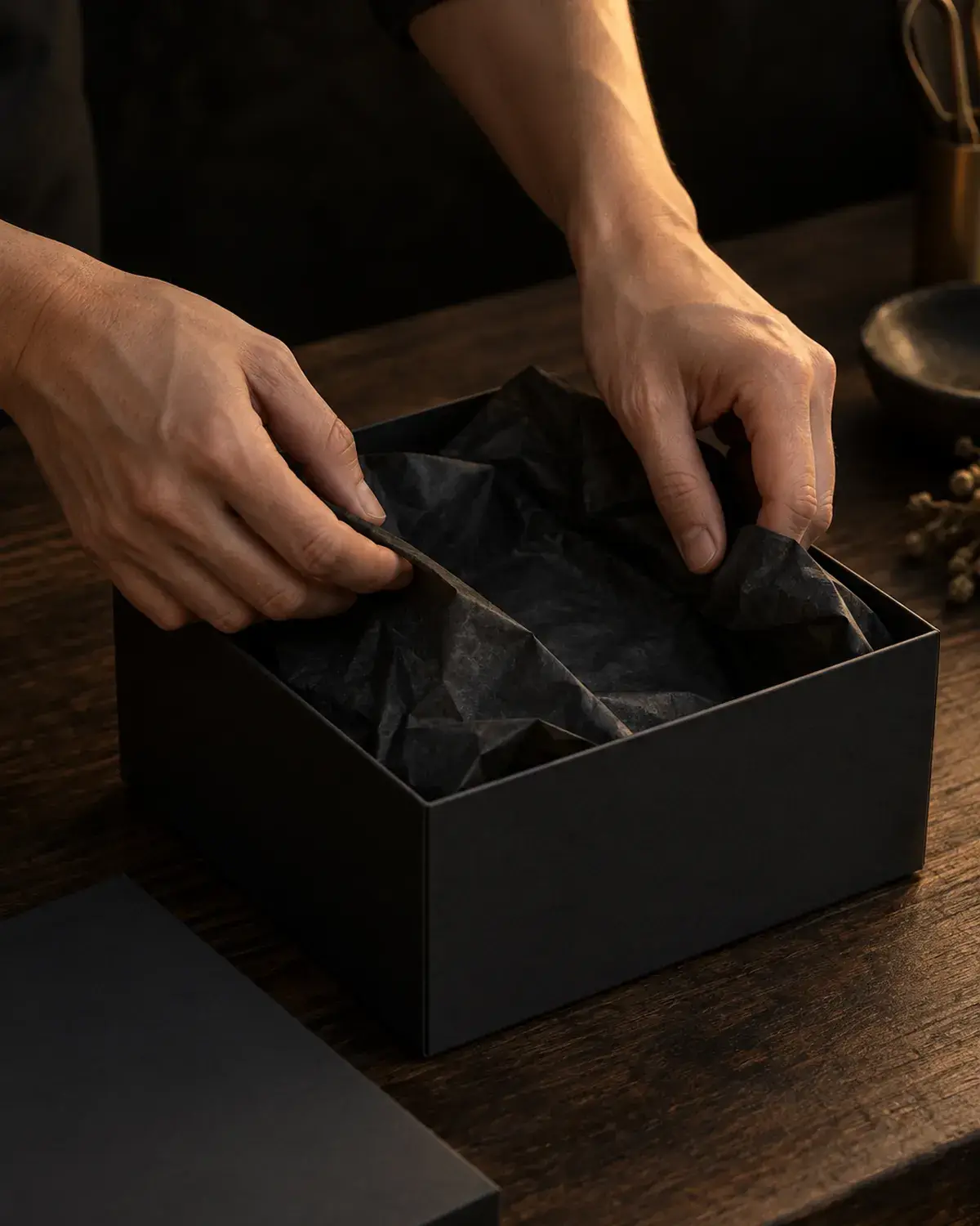 Hands folding black tissue paper into a plain dark box on a wooden bench.